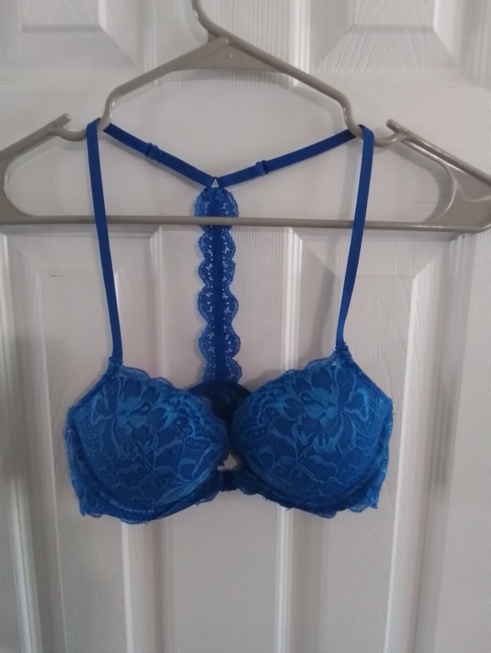 Pink Victorias Secret Blue Lace Date Racerback Bra -Front Close